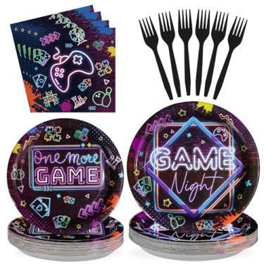 Imagem de 96 peças de decoração de festa noturna de videogame, utensílios de mesa, 350 g/m2, conjunto de pratos e guardanapos neon brilhantes, decorações noturnas de jogos para crianças, jogos, festa de