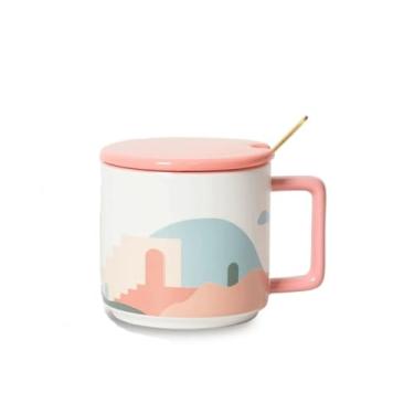 Imagem de hezhuhe2258 Caneca de café caneca de café com tampa e colher conjunto de 1, caneca de café rosa e marrom, capacidade de 440 ml para copo de leite e armazenamento de xícara de café da manhã (rosa)