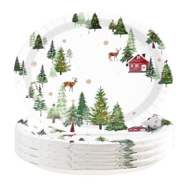 Imagem de Grencian 50 peças de pratos ovais de Natal, 25,4 x 30,5 cm, grandes, descartáveis, resistentes, árvores de Natal, rena, sobremesa, pratos para jantares de Natal, inverno, festivais, decorações de