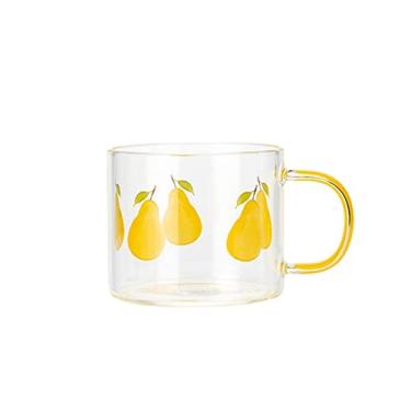 Imagem de Caneca 400 ml Caneca de vidro com padrão de fruta com alça transparente café da manhã leite aveia copo escritório casa casal copos de água cozinha utensílios de bebida caneca de café (cor: pera)