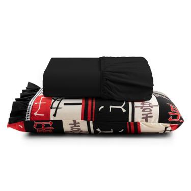 Imagem de Jogo Cama Lençol Fiore Solteiro Estampado 180 Fios 100% Algodão Com Babadinho 2 Peças Preto Oriental Japonês