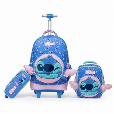Imagem de Kit Mochila Rodinha Disney Lancheira Estojo Escolar Stitch-Unissex