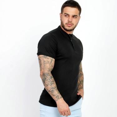 Imagem de Camiseta Camisa Gola Padre Masculina Suedine Com Botão Slim-Masculino