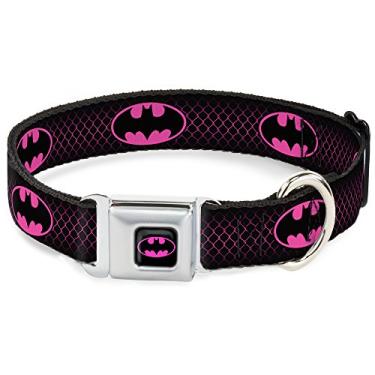 Imagem de Coleira de cachorro fivela de cinto de segurança Batman Shield Chainlink preto rosa choque 33 a 17 polegadas 1,5 polegadas de largura