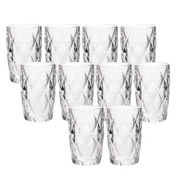 Imagem de Jogo 10 Copos De Vidro Diamond Diamante Transparente Resistente 400ml Em Casa Tem