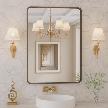 Imagem de SKINGWOLF Espelho de metal emoldurado de bronze 55 x 76 cm para parede, espelho retangular grande arredondado, antiferrugem, vidro temperado, pendurado horizontal ou verticalmente