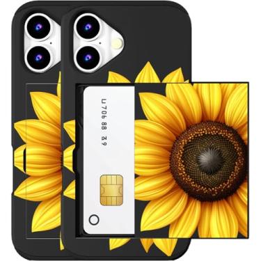 Imagem de MUQR Capa compatível com telefone 17 com porta-cartão fofo - design kawaii, proteção contra quedas de nível militar, capa carteira robusta para mulheres (arte de girassol preto e amarelo)
