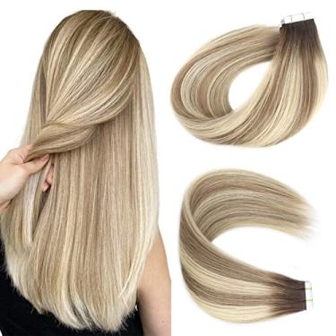 Imagem de LOVRIO Tape In Hair Extensions Human Blonde Ins Highlight Walnut Brown Roots To Light With Bleach #R3-8-613 18In 50G/20Pcs