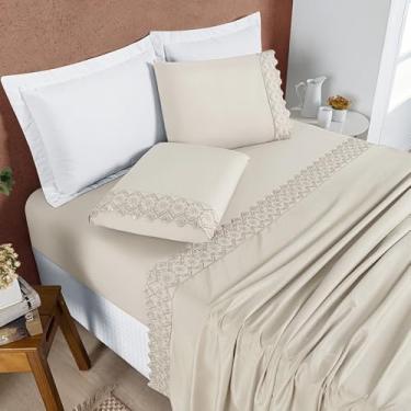Imagem de Jogo de Lençol 4 Peças King/Queen Size/Casal Padrão/Solteiro Percal 200 Fios Lese Bordado Inglês(Avela,Queen Size 4 Peças)