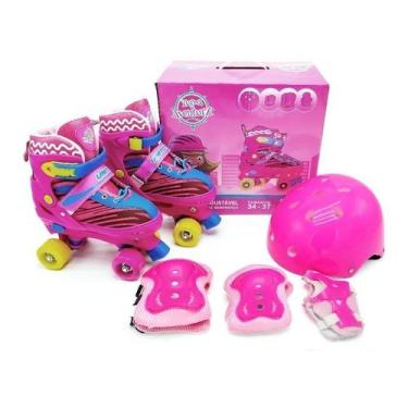 Imagem de Patins Infantil Roller 4 Rodas Rosa Com Kit De Proteção Capacete Joelh