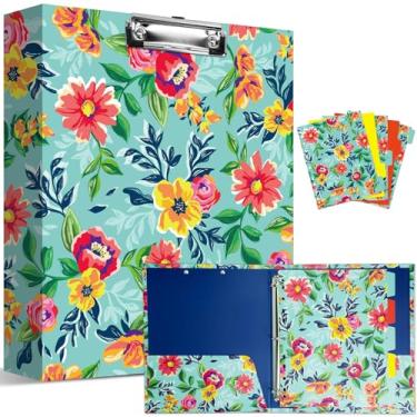 Imagem de Fichários decorativos de 3 anéis com aglomerado, fichário de capa dura floral de 3 cm de largura com divisórias e bolsos, design floral azul aquarela decorativa 3 fichários de anéis