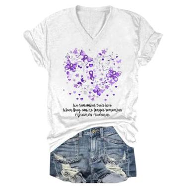 Imagem de PKDong Camiseta feminina de conscientização de Alzheimers, gola V, manga curta, roxa, estampa floral, camisetas femininas para o verão, Z01 Branco, P
