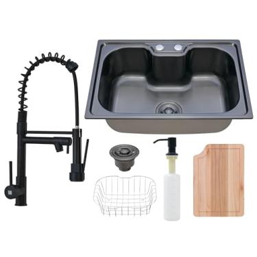 Imagem de HOLTTER Kit Cuba Aço Inox Preta Tábua Torneira Gourmet Flexível Cuba Gourmet Aço Inox Acessórios Torneira Gourmet de Bancada Flexível Monocomando Torneira Gourmet Parede (Bancada, Preto)