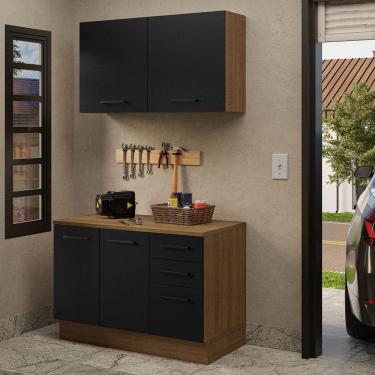 Imagem de Kit com Balcão e Armário Aéreo Multiuso 120cm Rustic/Preto Agata Madesa