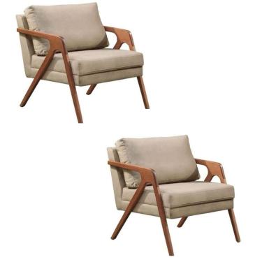 Imagem de Kit 2 Poltronas Decorativa Mona Luxo Linho Bege Base Madeira Maciça
