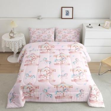 Imagem de Manfei Conjunto de edredom queen de unicórnio, parque de diversões, carrossel romântico, 3 peças, para adolescentes e adultos, estilo princesa, conto de fadas, cavalo, animal, azul, rosa, edredom de