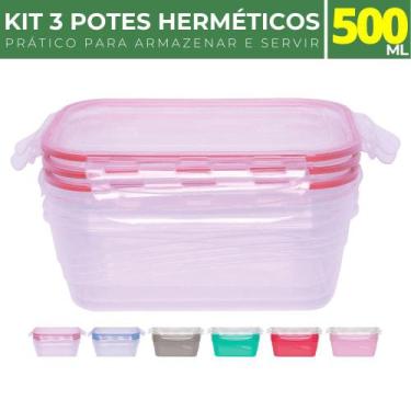 Imagem de 3 Potes Herméticos 500ml c/ Tampa Trava Freezer Microondas - LP House,