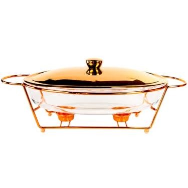 Imagem de jinsongdafa Caçarola assadeira de vidro com tampa e prateleira de aço inoxidável, assadeira grande para caçarola e lasanha, máquina de lavar louça, freezer, micro-ondas e forno (oval dourado, 2,5 Qt)