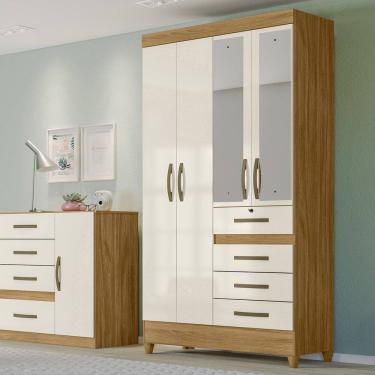 Imagem de Guarda-roupa Solteiro com Espelhos 4 Portas 4 Gavetas e Pés Sobral Freijó/Off