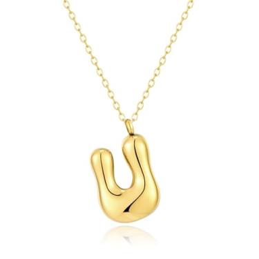 Imagem de Kainier Colar feminino com letra de bolha, pingente colorido com nome do alfabeto, pingente delicado fofo banhado a ouro 14 K, joias para presente.., Aço inoxidável, Sem Pedra Preciosa