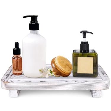 Imagem de Bandeja de bancada de banheiro branca rústica bandejas decorativas de madeira com suporte para suporte de suporte de saboneteira de madeira para acessórios de pia de banheiro, bandeja de decoração de