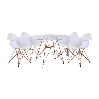 Imagem de Conjunto Jantar Mesa Eames Eiffel Vidro Redonda 110cm com 4 Poltronas Brancas Ferro Cobre