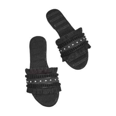 Imagem de OYOANGLE Sandálias femininas de palha com franja de crochê, bico aberto, faixa única, sem cadarço, Preto, 40