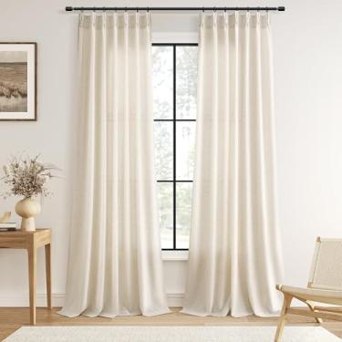 Imagem de Cortinas plissadas de linho com 2,72 cm de comprimento para sala de estar, conjunto com 2 painéis, creme, filtro de luz, pregas, anéis, aba traseira, boho, fazenda, natural, cortina de 2,72 cm para
