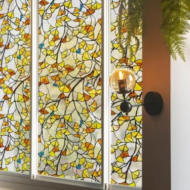 Imagem de ChicSkin Película original para vitrais desenhados à mão, película estática de vidro texturizado de privacidade para banheiro, janela de sacada de cozinha, porta frontal de vidro, Golden Gingko 40 cm