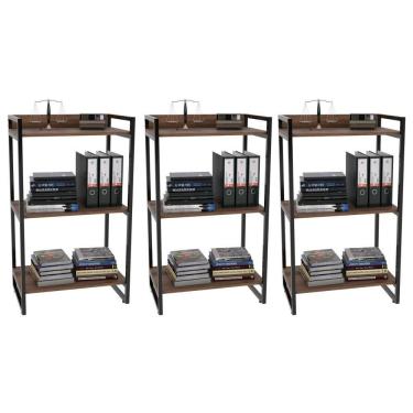 Imagem de Kit 3 Estantes Livreiro Multiuso Prisma Estilo Industrial 60Cm 3 Prateleiras C08 Nogal - Mpozenato