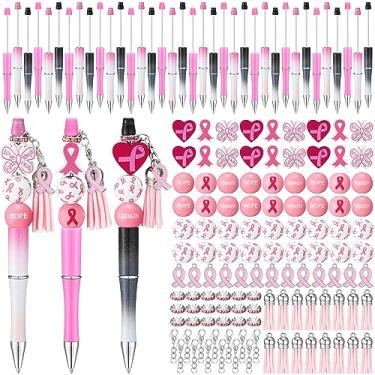 Imagem de Colarr 60 pçs fita rosa caneta miçangas conscientização do câncer de mama itens a granel canetas de plástico com contas canetas de câncer de mama kit de fazer canetas DIY caneta com contas para estudantes mulheres meninas escritório material escolar