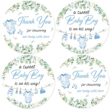 Imagem de Serencatcher Adesivos de decoração de chá de bebê, 10 folhas de roupas azuis Thank You for Showering Our Baby with Love Stickers Labels 5 cm for A Sweet Boy Is On His Way Envelopes de lembrancinhas de