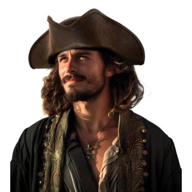 Imagem de Chapéu pirata UQJE Authentic Brown Leather Tricorn para adulto