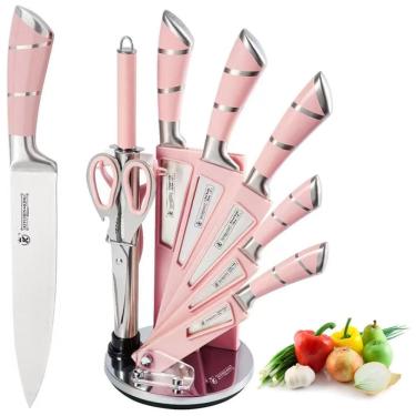 Imagem de Conjunto de Facas em Aço Inoxidável com Suporte em Acrílico, 9 Peças, Rosa