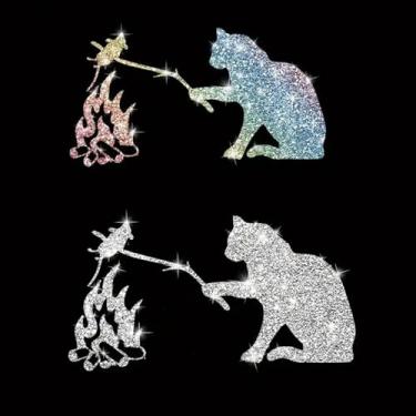 Imagem de 2 peças engraçadas gato assado rato brilhante girassol autoadesivo PVC arco-íris glitter adesivo decalque para carros, laptops, caminhões, motocicletas parede janela bagagem, capa de arranhão porta