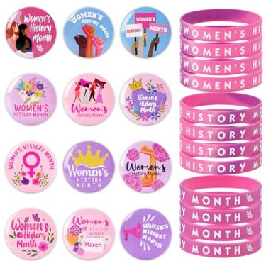 Imagem de Sinasasspel As decorações do mês da história feminina incluem 12 peças de pulseiras de silicone e 12 peças conjunto de alfinetes de crachá presentes de dia internacional da mulher março escola sala de