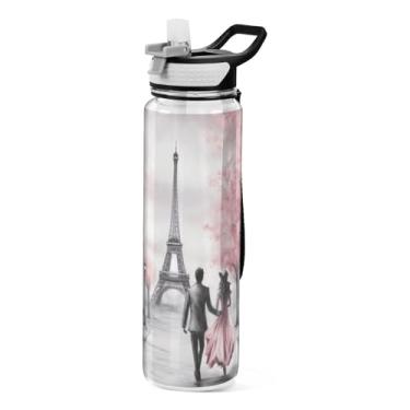 Imagem de Burbuja Garrafa de água Walking in Eiffel de 946 ml com tampa de palha, à prova de vazamento e livre de BPA para academia, esportes ao ar livre