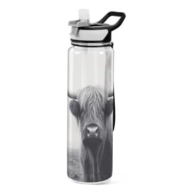 Imagem de Burbuja Garrafa de água Highland Cow de 940 ml com tampa de palha, à prova de vazamento e livre de BPA para academia, esportes ao ar livre