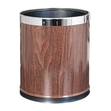 Imagem de Caixote de lixo redondo de grão de madeira sem tampa, lata de lixo de topo aberto, lixeira de metal 10L/2,6 galões com balde de forro removível para sala de estar, quarto, lixeira de banheiro (marrom