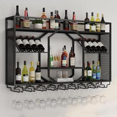 Imagem de Grande rack de vinho de metal montado na parede com suporte de vidro, prateleira flutuante para garrafa de licor, armazenamento de bar multifuncional para decoração de cozinha e sala de estar (preto