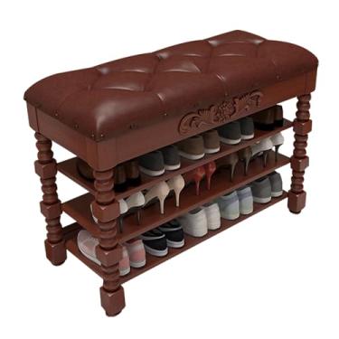 Imagem de Banco rústico de armazenamento de sapatos - Organizador de entrada de 2 camadas com assento de couro PU, rack de madeira para corredor e sala de estar, 60 cm/23,6 pol, móveis de sapateira marrom