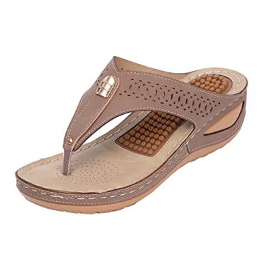 Imagem de Sandálias femininas plataforma de verão sem cadarço com clipe de dedo do pé sandálias anabela para mulheres com suporte de arco para caminhada confortável (marrom, 36)