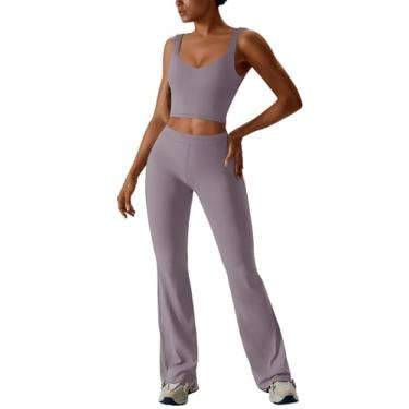 Imagem de REORIA Conjunto feminino de duas peças para treino, gola V, regata cropped e calça legging flare de cintura alta, Lilás nebuloso, Small