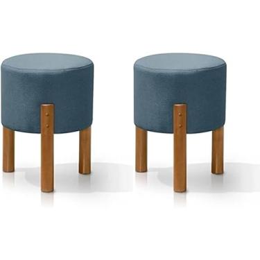 Imagem de Kit 2 Puff Redondo Luxo Decorativo Charme Thor com Pés de Madeira Linho Azul - PC MÓVEIS