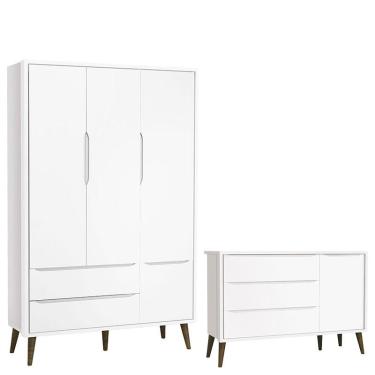 Imagem de Cômoda Infantil com Porta e Guarda Roupa 3 Portas Theo Branco Acetinado com Pés Amadeirado – Reller