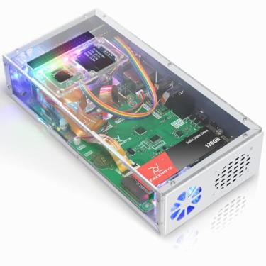 Imagem de Freenove Kit de capa de PC para Raspberry Pi 5 com ventilador de resfriamento, SSD M.2 NVMe de 128 GB 800 MB/s, câmera de 5 MP, tela OLED de 0,96 polegadas, alto-falantes estéreo integrados, 3,5 mm e