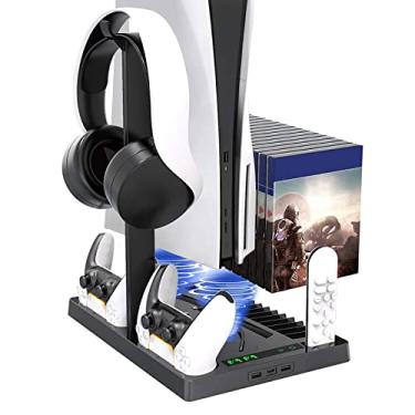 Imagem de Sanpyl Suporte vertical para console PS5, carregador de controles duplos de edições digitais, 2 ventiladores silenciosos, compartimentos retráteis de armazenamento de jogos, para PlayStation 5