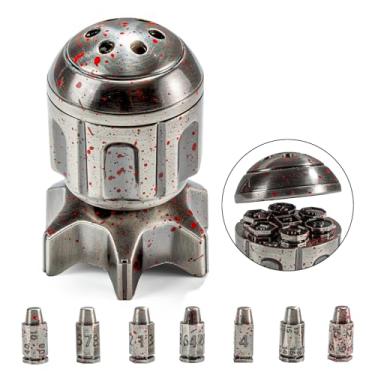 Imagem de DND Bullet Dice Set with Spinning Spacecraft - Spinning Revolver Cylinder Container with 7 Metal Polyhedral - Cyberpunk Style Dices for Warhammer 40K, D&D, Sci-Fi, War, or Crime Theme Tabletop Games