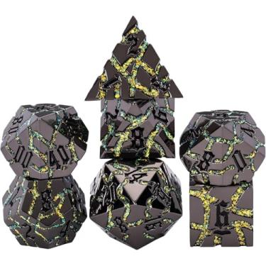 Imagem de Dice Set D&D Dungeons and Dragons Dice D20 Metal DND Dice Set with Box, Polyhedral Role Playing Dice D12 D10 D% D8 D6 D4 for MTG RPG Board Games (Black Nickel Yellow)
