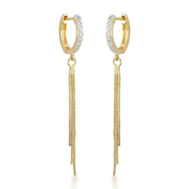 Imagem de Brincos De Argola Com Franja Elegantes Banhados A Ouro 18k Com Zircônias Cristais Banhado A Ouro 18k